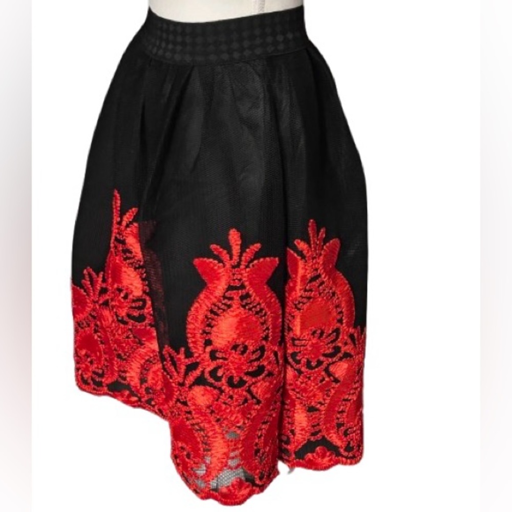 Stunning Mesh Embroidered Skirt by San Joy Black Red Small Aline Boho Designer
